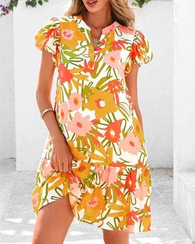 dowerme Womens Summer Dresses 2026 Puffy Sleeve V Neck Loose Floral Print A Line Boho Mini Babydoll Dress with Pockets(White Yellow Flower,Large) - Thumbnail 3