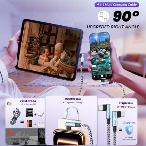 USB Multi Charging Cable 90 Degree BraidedCharging Cord 5FT 2Pack, 4 in 1 Car Charging Cable, Charging Cables for Multiple Devices Phone Charger Cord with Dual Type-C, Micro USB, IP Port for iPhone17 - Thumbnail 2