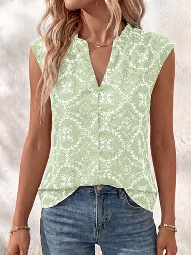 BTFBM Boho Tops for Women Summer Outfits Eyelet Embroidered Sleeveless Button Down Shirts Beach Vacation Clothes 2026(Light Green, X-Large) - Thumbnail 3