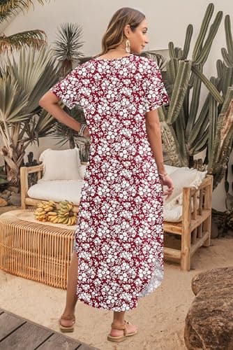 MOLERANI Casual Maxi Dresses for Women Floral Beach Vacation Dress Long Summer Dress 2026 Flower Sundress with Pockets,Red Flower,S - Thumbnail 4