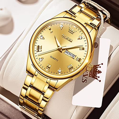 OLEVS Gold Watches for Men Luxury Wrist Watches for Man Waterproof Large Face Mens Watch Golden Stainless Steel Dress Dimond Day Date Simple Classic Analog Quartz Casual Relojes para Hombres - Thumbnail 3
