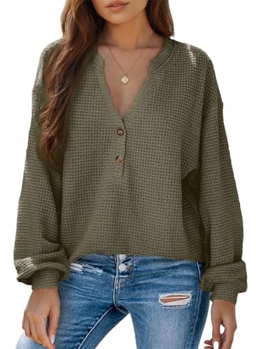 Dokotoo Women's Waffle Knit Tops Long Sleeve Button Down Shirts Boyfriend Sexy V Neck Loose Fit Tee Top Lightweight Solid Basic Green Blouses for Business Outfits Medium - Image 1