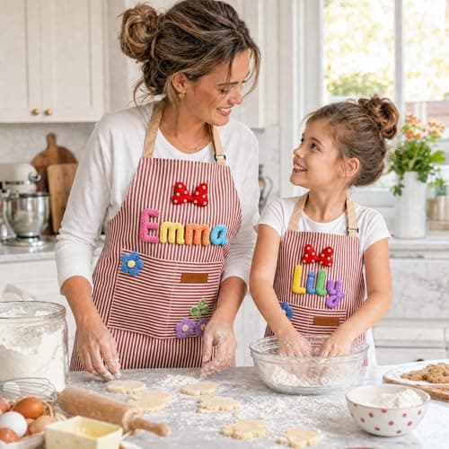 Customizable personalized aprons in adult and child sizes with printed names; these waterproof aprons for kitchen cooking, baking, painting feature pockets and adjustable straps, ideal for home use. - Thumbnail 5