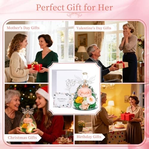 Puppiluv Preserved Rose Gifts for Women, Forever Flowers Eternal Roses in Glass Angel Figurines, Fresh Flowers for Delivery Prime, Birthday Gifts for Mom Her Wife Grandma on Anniversary, Champagne - Thumbnail 5