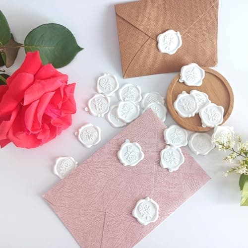 Pilloze 50 Pcs Adhesive White Rose Wax Seal Stickers, Roses Seal for Envelope, Easy to Use and Good Adhesion White Envelope Stickers, Wedding Invitation Accessories - Thumbnail 3