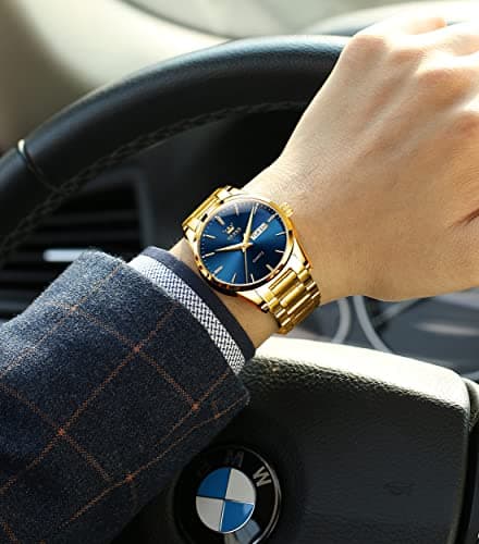 OLEVS Watch Men Gold Blue Stainless Steel Large Face Watches for Men Casual Day Date Mens Watches Classic Water Resistant Analog Quartz Wrist Watch for Man Luxury Golden Reloj para Hombre - Thumbnail 3