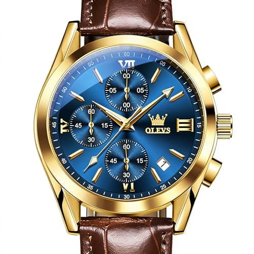 OLEVS Watches for Men Luxury Brown Leather Band Mens Watch Casual Chronograph Waterproof Wrist Watches for Man Blue Big Face Fashion Day Date Men Watch Relojes para Hombres - Image 1
