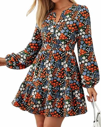 BTFBM Spring Dresses for Women 2026 Mini Long Sleeve Elastic Waist Summer Vacation Outfits Floral Wedding Guest Dress(Multi Black, Small) - Image 1