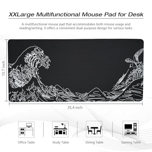 Large Gaming Mouse Pad for Desk,Kanagawa XXL Mouse Pad 35.4x15.7 Inch,Waterproof Desk Pad,Non-Slip Rubber Base Mice Pad,Keyboard Pad Computer Mat,Black Mouse pad - Thumbnail 2