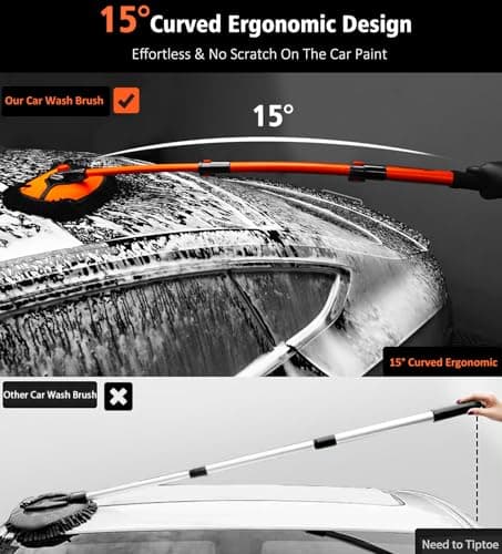 YeewayVeh Car Wash Brush, 43" Extendable Car Wash Brush Mop with Long Handle, 15 Degree Curved Soft Car Washing Brushes with Extra Microfiber Brush Head for Truck SUV Cleaning, Orange - Thumbnail 3