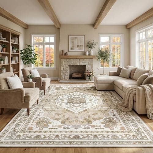 Cnythlis Large Washable Area Rug 8'x10' for Living Room, Water-Resistant, Non Slip Distressed Traditional Medallion Style Rug for Bedroom, 0.26" Low Pile, Pet Friendly Soft Faux Wool, Beige & Ivory - Image 1