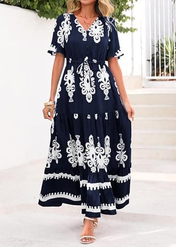 Lazysmile Summer Dresses for Women Short Sleeve V Neck Floral Drawstring Flowy A Line Boho Maxi Dress with Pockets Navy - Thumbnail 6