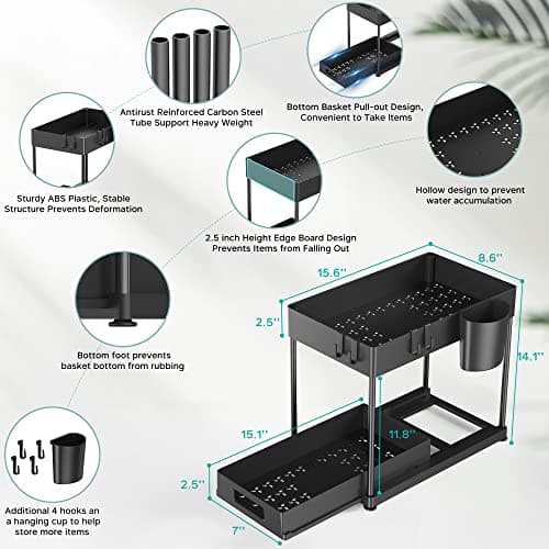2 Pack Under Sink Organizer with Pull-Out Drawer, 2-Tier Cabinet Storage for Kitchen & Bathroom, Tool-Free Assembly, Fits Cleaning Supplies & Toiletries, Space Saving for Small Cabinets, Black - Thumbnail 3