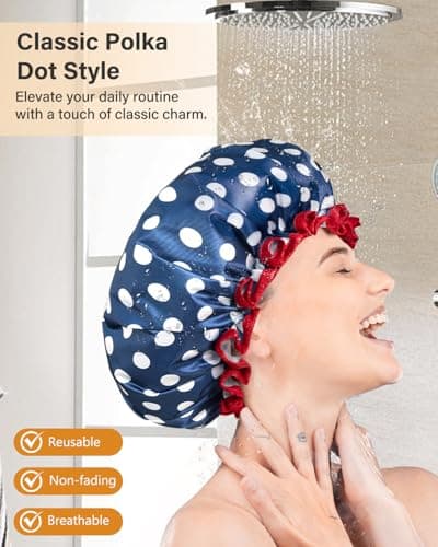 mikimini Shower Cap Reusable Waterproof for Women, Large Shower Cap for Long Hair with Elastic Band - Double-Layer Hair Cap with Classic Polka Dot Print for Thick Hair & Braids - Thumbnail 6