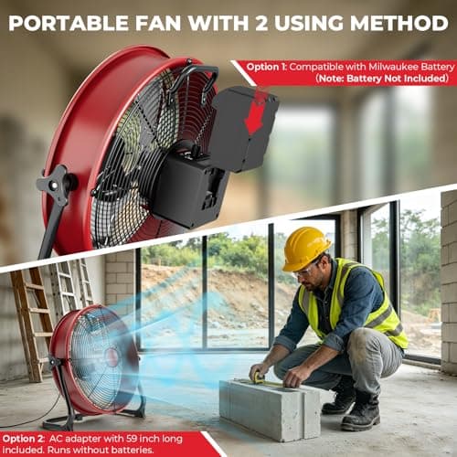 T-SUN 12" Battery Power Floor Fan Compatible with Milwaukee Battery, Portable Fan with AC Adapter and USB Output, Stepless Speed Cordless Fan, Metal High Velocity for Jobsite Outdoor Camping - Thumbnail 2