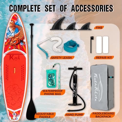 FEATH-R-LITE Inflatable Paddle Board Stand Up Paddleboards for Adults SUP with Premium Accessories Pump, Adjustable Paddle, Leash, Three Fins, Backpack (Red Koi) - Thumbnail 4