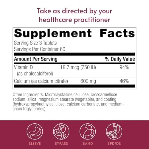 Bariatric Advantage Non Chewable Calcium Citrate 600 mg Calcium - for Bariatric Surgery Patients - Vitamin D3 - Mineral Supplements - 180 Tablets - Thumbnail 4