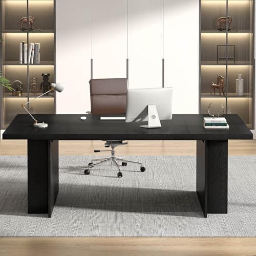 FOLUBAN 70" Black Computer Desk, Large Executive Desk for Home Office, Modern Wood Conference Table Workstation with Side Storage Shelves, Long Study Writing Gaming Table for 2 Person - Thumbnail 5