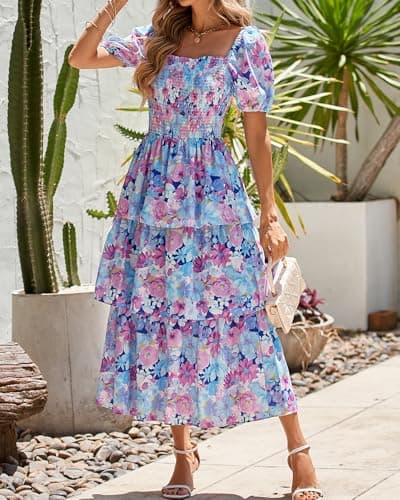 BTFBM Womens Square Neck Smocked Dress Summer Puff Short Sleeve Floral Casual Ruffle Tiered Maxi Wedding Guest Dresses(Floral Navy Multicolor, Small) - Thumbnail 2