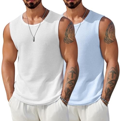 COOFANDY Mens Casual Tank Tops 2 Pack Waffle Knit Sleeveless Shirt Breathable Tanks Summer Muscle T Shirts Light Blue S - Image 1