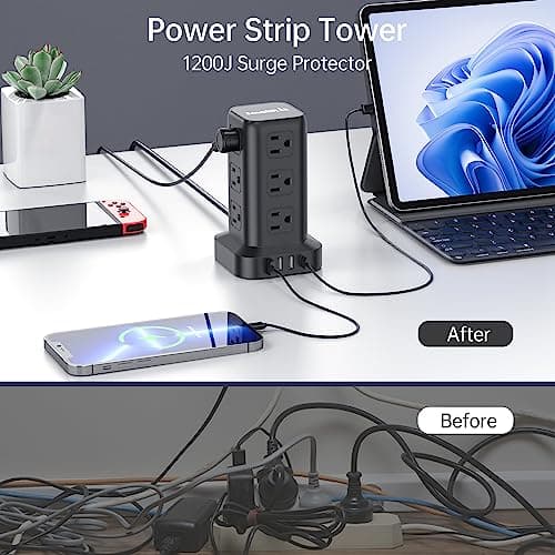 15FT USB C Power Strip Surge Protector Tower, Mini Power Strip Tower Travel 12 AC 4 USB Power Strip with USB Ports, Overload Protection for Home Office - Thumbnail 3