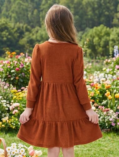 JiAmy Toddler Sweater Dress Girls Winter Square Neck Long Sleeve Tiered Ruffle Casual Dresses with Pocket Camel 4-5 Years - Thumbnail 2
