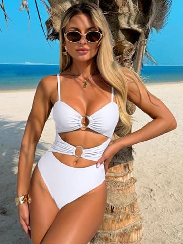 ANRABESS Women One Piece Swimsuit Sexy Cutout Bathing Suit Ring Linked Ruched Monokini Swimwear 2026 Beach Vacation Clothes White Large - Thumbnail 4