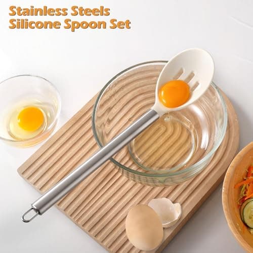 MANJIA Silicone Spatulas Set, Nonstick Silicone Spoon & Turner Spatula Set, Serving Spoon kitchen Spatula for Cooking Fish, Eggs,Flipper, Cooking Utensils Set 2pcs (white-spoons) - Thumbnail 2