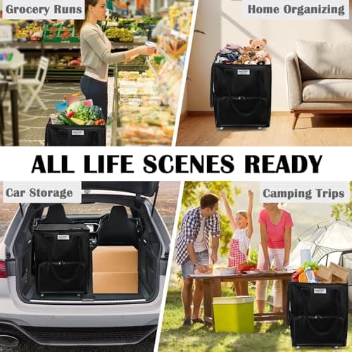 AnsTOP Reusable Grocery Bag on Wheels, 66LBS Foldable Shopping Cart with 5 Smooth Caster Wheels Zippered Top, Rolling Tote with Multiple Pockets for Groceries, Laundry, Travel, Camping,Medium,Black - Thumbnail 6