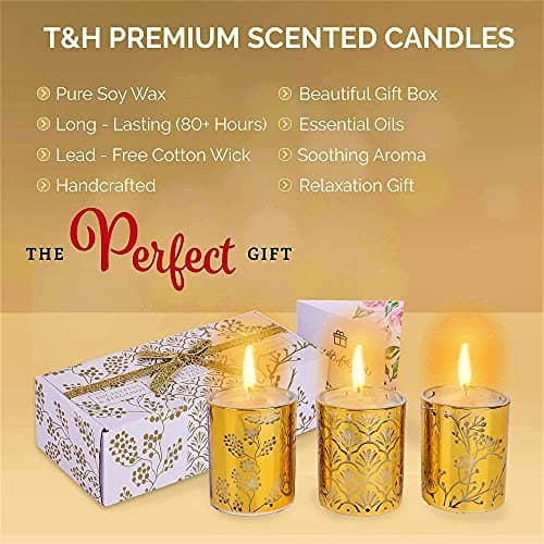 Aromatherapy Candle Gift Set of 3 Scented Candles | Strawberry Parsley, Persimmon, Eucalyptus Bergamot Soy Candles Set, Gold Candle Gifts, Relaxing Aromatherapy Candles Gift Set for Women and Men - Thumbnail 6