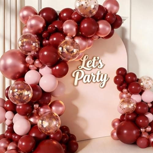 Burgundy Pink Balloon Garland Arch Kit 160pcs Burgundy Metallic Red Pink Latex Balloons with Gold Confetti Balloons for Valentines Mother's Day Wedding Bridal Shower Birthday Party Decor - Thumbnail 4