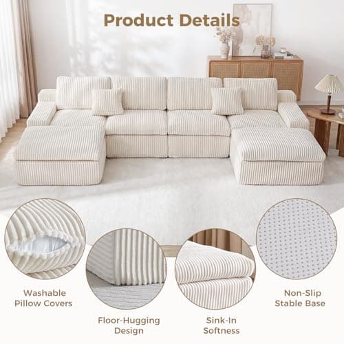 HipyMo 134" U Shaped Boneless Sectional Couches for Living Room, Modern Modular Sectional Sofa with 2 Ottomans, Comfy Corduroy Cloud Couches with Deep Seats for Apartment, No Assembly Required, Beige - Thumbnail 3
