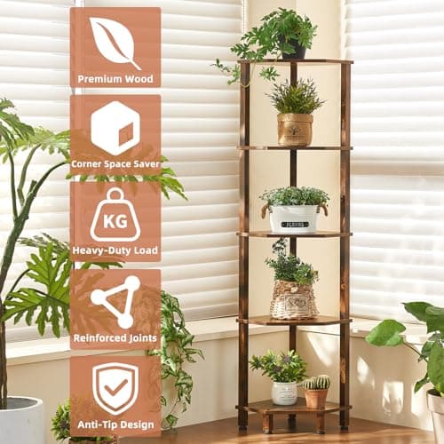 YUFAM 5-Tier Corner Shelf with Sturdy 5-Leg Base, 52in Tall Narrow Bookcase for Small Spaces, Wooden Plant Display Shelf, Thin Bookshelf for Living Room, Bedroom, Office, Brown - Thumbnail 6