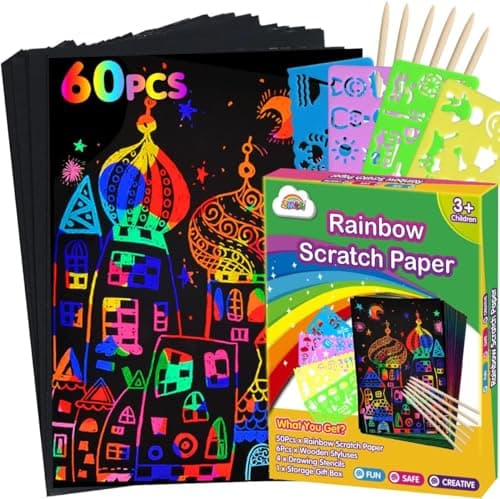 ZMLM Scratch Paper Art Set: 60 Pcs Magic Art Craft Kid Return Gifts Scratch Paper Supplies Toddler Preschool Learning Toys for Age 3 4 5 6 7 8 Girls Boys Birthday Activities Party Favors - Image 1