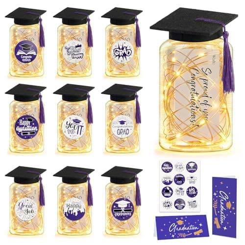 9 Pcs Graduation Centerpieces for Tables with LED Lights, Class of 2026 Graduation Tables Decorations, Mason Jar Style Table Decor with String Lights, Caps, Notes Cards, Stickers & Adhesive Spots - Image 1