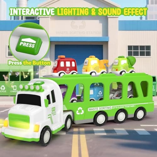 7-in-1 Toddler Truck Toys for 2 3 4 5 Year Old Boys - 17" Longer Transport Eco Carrier Truck with 6 Cute Pull Back Cars and Playmat, with Light & Sound, Christmas Birthday Gifts for Kids 2-5, Grey - Thumbnail 3