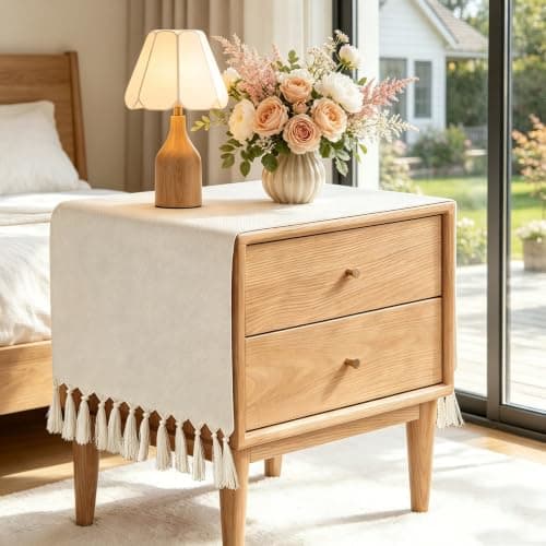 yuboo 36 Inches Boho Nightstand Dresser Cover Top for Bedroom, Short Cream Small Farmhouse Coffee Table Runner , Rustic Table Cover for Bedside Table, End Table, Nightstands, TV, Spring Table Decor - Image 1