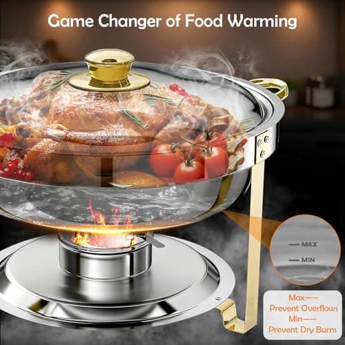 ALSO GO Round Chafing Dishes for Buffet with 4 Serving Tongs, 4 Pack 6QT Chafing Dishes Buffet Set, Golden Stainless Steel Catering Food Warmer for for Party, Gathering,Wedding - Thumbnail 4