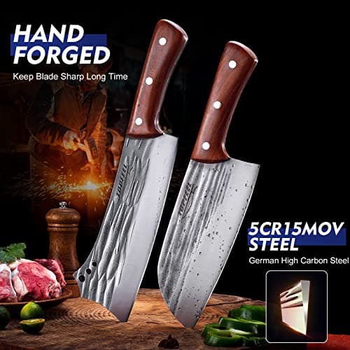 Topfeel 2PCS Meat Cleaver & Heavy Duty Bone Chopper Knife Set, Hand Forged German High Carbon Stainless Steel Butcher Knife for Home Kitchen & Outdoor - Thumbnail 4