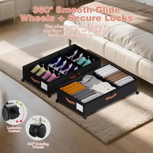 DCET 2 Pack Under Bed Storage with Wheels, 66L Rolling Underbed Containers with Clear Lid & Adjustable Dividers, 600D Oxford Fabric, Phthalate Free & Prop 65 Compliant, Heavy Duty Metal Frame, Black - Thumbnail 2