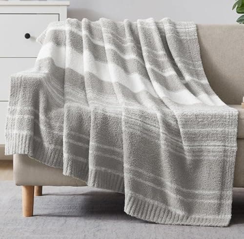 WRENGONGE Light Grey Throw Blanket, 50x70 Soft Cozy Striped Throw Blankets for Couch, Sofa, Bed, Travel, Lightweight Fluffy Warm Plush Decorative Blankets for Women, Men Gift - Image 1