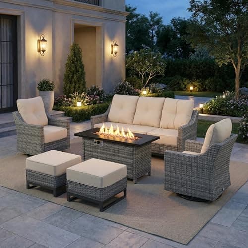 Domvaranique 6 Piece Patio Furniture Set with Fire Pit, Grey Wicker Outdoor Conversation Set with 2 Swivel Rocker Chairs, Sofa, 2 Ottomans and Rectangular 60,000 BTU Fire Pit Table for Porch, Deck - Image 1