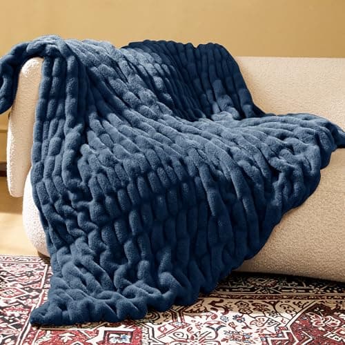 blunique Faux Rabbit Fur Throw Blanket, Soft Plush Cozy Blanket for Couch Bed, Thick Fluffy Ruched Decorative Blanket,Giftable,60"x80",Blue - Image 1