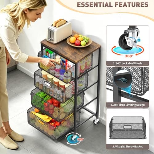 SUNALLY Rolling Kitchen Cart with Drawers, 4-Tier Utility Cart Fruit Vegetable Storage Cart with Lockable Wheels, Wooden Top Metal Kitchen Storage Organizer for Cans, Snacks, Beauty, Craft, Art, Black - Thumbnail 4