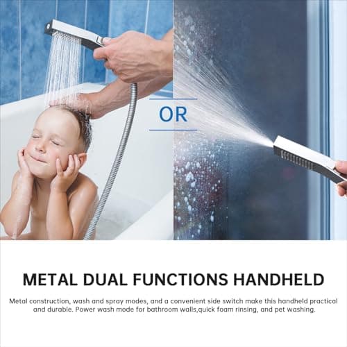G-Promise All Metal 14 Inches Rainfall Shower Head with Handheld Spray Combo, 3 Settings Diverter, Adjustable Extension Arm with Lock Joints, 71 Inches Stainless Steel Hose (Chrome) - Thumbnail 2