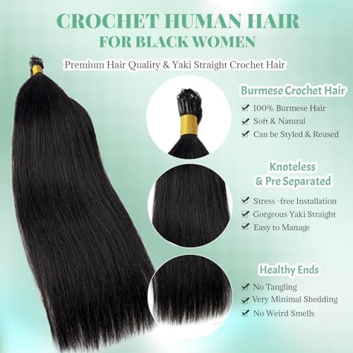 Licoville Human Crochet Hair 20 Inch 50G Soft Natural Knotless Yaki Straight Feather Crochet Extensions 100% Burmese Real Human Hair Light Yaki Straight Crochet Hair for Black Women #1B Natural Color - Thumbnail 3