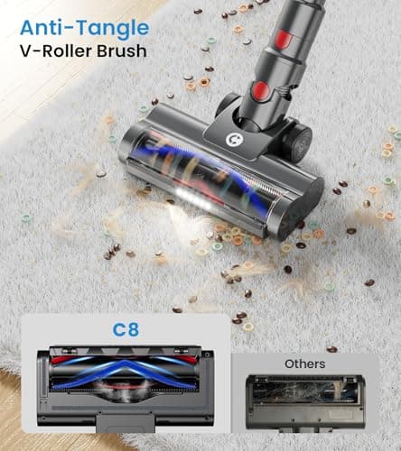 CHEBIO Cordless Vacuum Cleaner, 550W/45Kpa Vacuum Cleaners for Home with LED Display, Anti-Tangle&Wall Mount, 65Mins Wireless Vacuum, 8 in 1 Lightweight Stick Vacuum for Hard Floor/Carpet/Hair (Gold) - Thumbnail 2