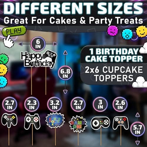 13Pcs Video Game Cake Topper - Cardboard Gamer Cake Decorations with Big & Small Toppers with Gamepad-Themed Design, Easy to Install - Colorful Video Game Birthday Decorations for Boys & Girls Parties - Thumbnail 2