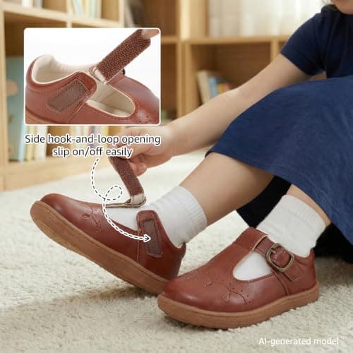 WIDE TOE BOX Toddler Girl Mary Jane Flats Wide Princess Ballet Dress Shoes Lightweight Non-Slip School Uniform Shoe for Party Wedding Church Brown Toddler Size 8 - Thumbnail 5