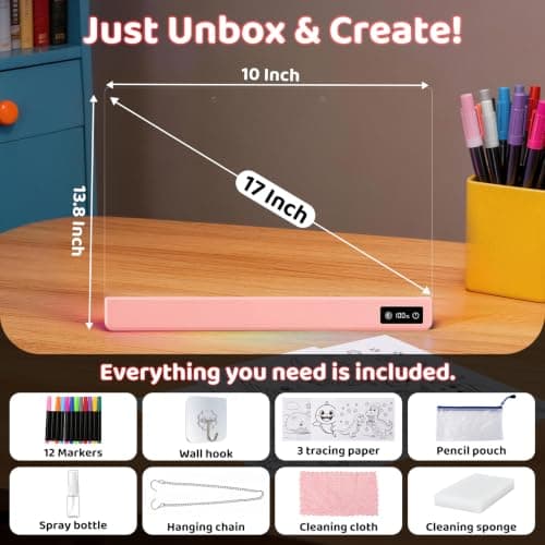 LED Drawing Board for Kids - 17" Flicker-Free Glow Doodle Drawing Pad with 11-Color Light Modes, Soft Light Dry Erase Note Board with Stand,12 Markers, Gifts for Kids (1PS-Pink) - Thumbnail 4